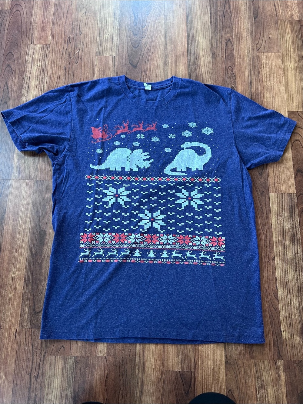 Dinosaur Tacky Ugly Christmas Sweater Graphic T Shirt Santa Reindeer Blue Large